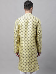 Men's Yellow Printed Silk Blend Kurtas-KO-686