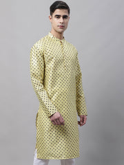 Men's Yellow Printed Silk Blend Kurtas-KO-686