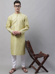 Men's Yellow Printed Silk Blend Kurtas-KO-686