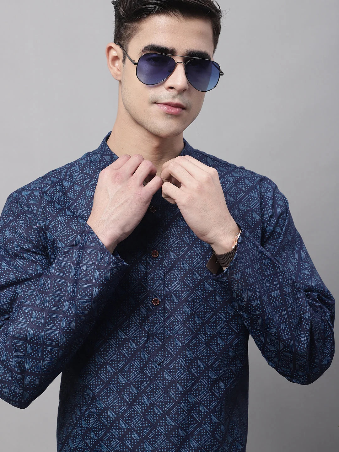 Men's Navy Blue Printed Pure Cotton Kurtas-KO-687