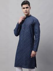 Men's Navy Blue Printed Pure Cotton Kurtas-KO-687