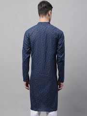 Men's Navy Blue Printed Pure Cotton Kurtas-KO-687