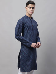 Men's Navy Blue Printed Pure Cotton Kurtas-KO-687