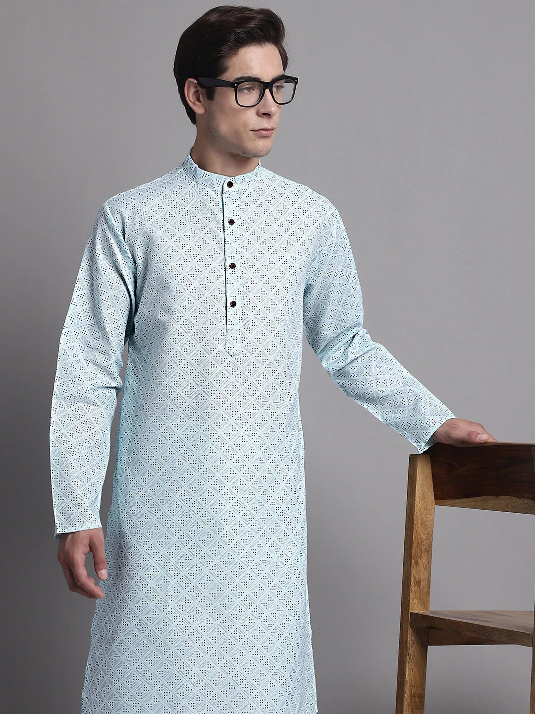 Sky Blue Printed Mens Kurta - Pure Cotton Indian Kurta