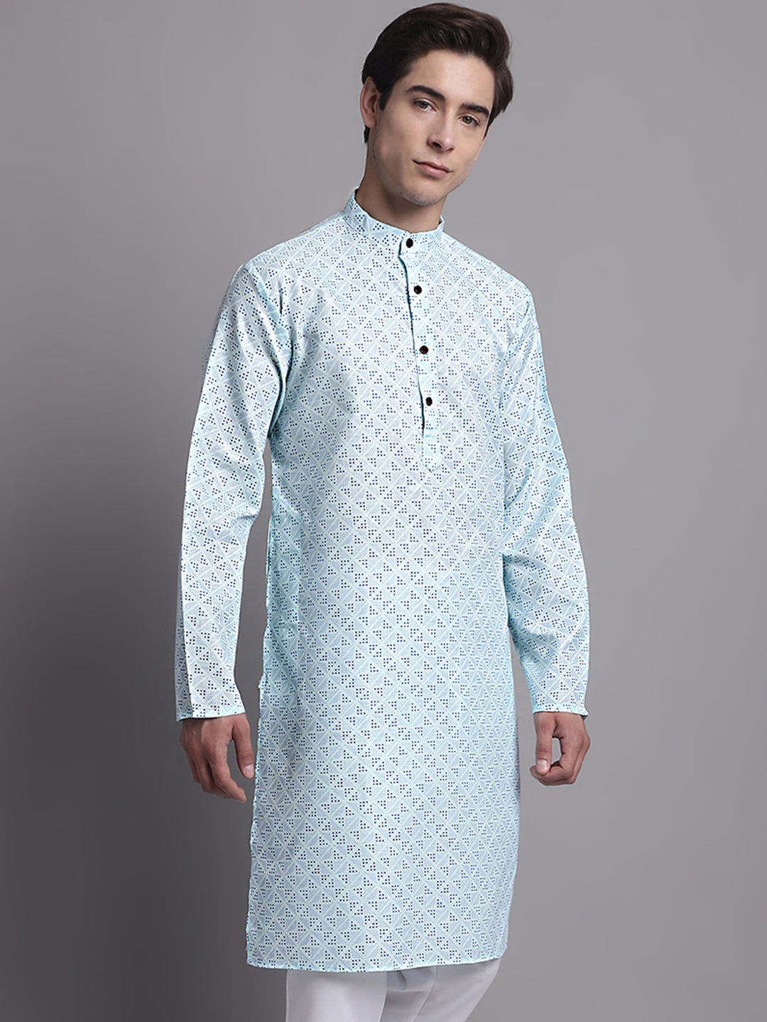 Sky Blue Printed Mens Kurta - Pure Cotton Indian Kurta