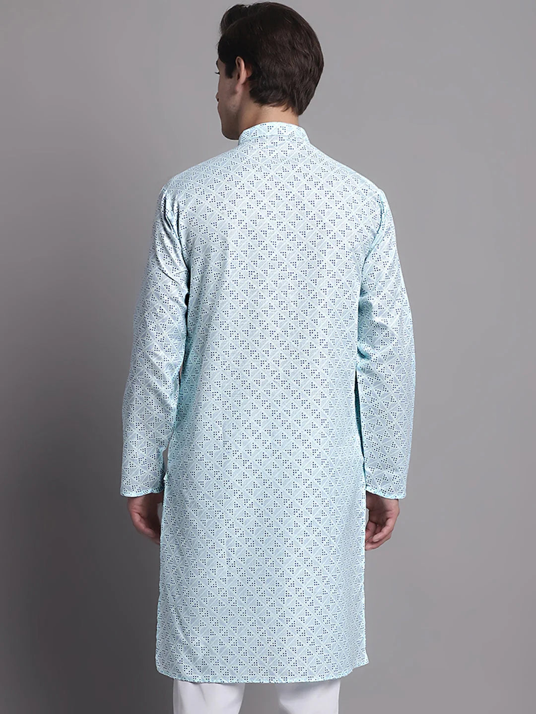 Sky Blue Printed Mens Kurta - Pure Cotton Indian Kurta