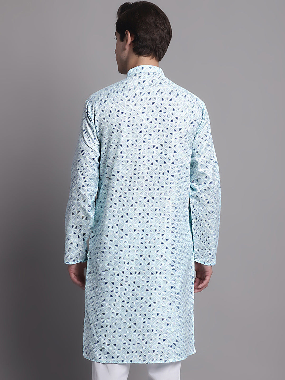 Sky Blue Printed Mens Kurta - Pure Cotton Indian Kurta