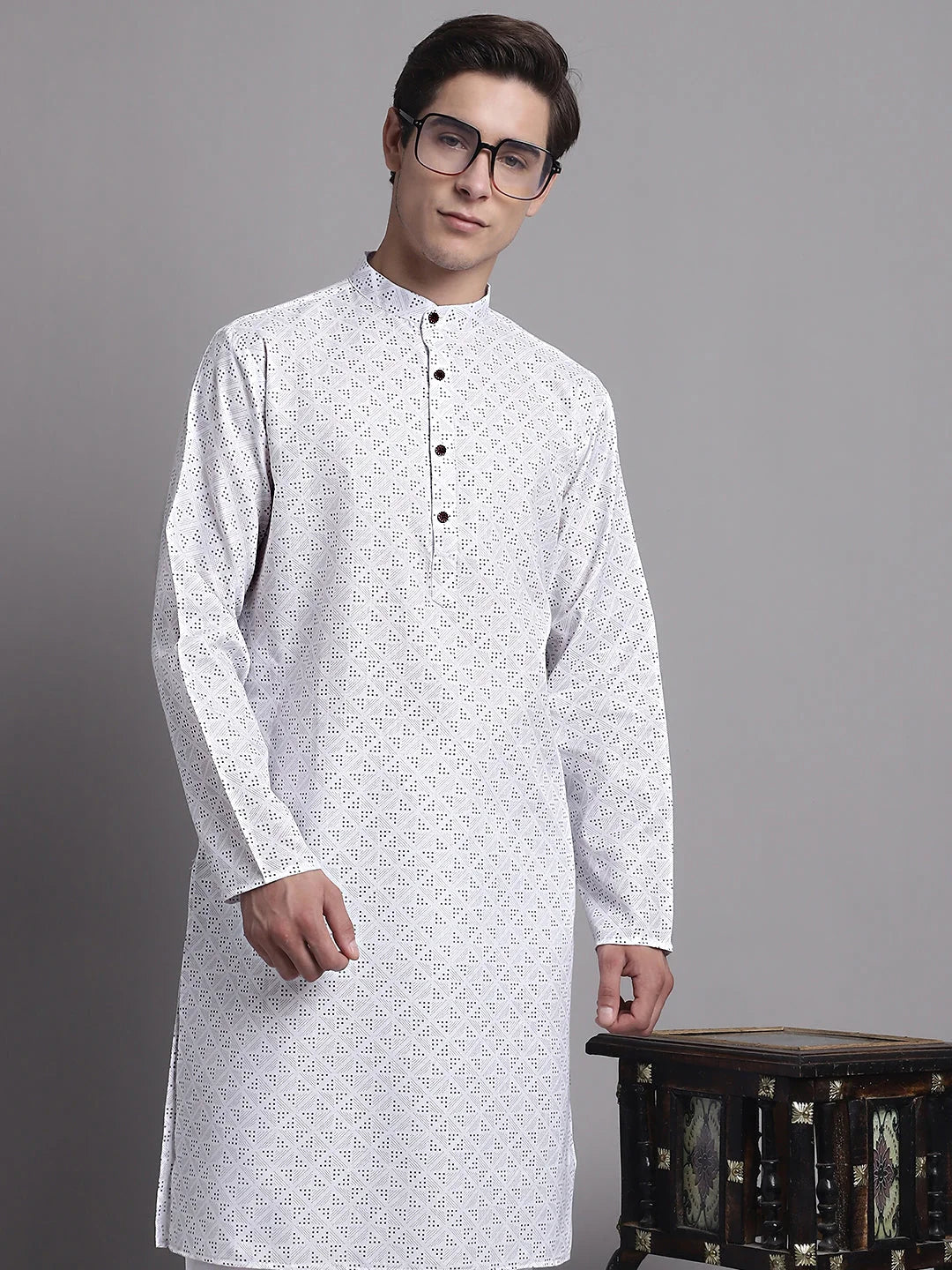 White Printed Mens Kurta - Pure Cotton Indian Kurta for Men