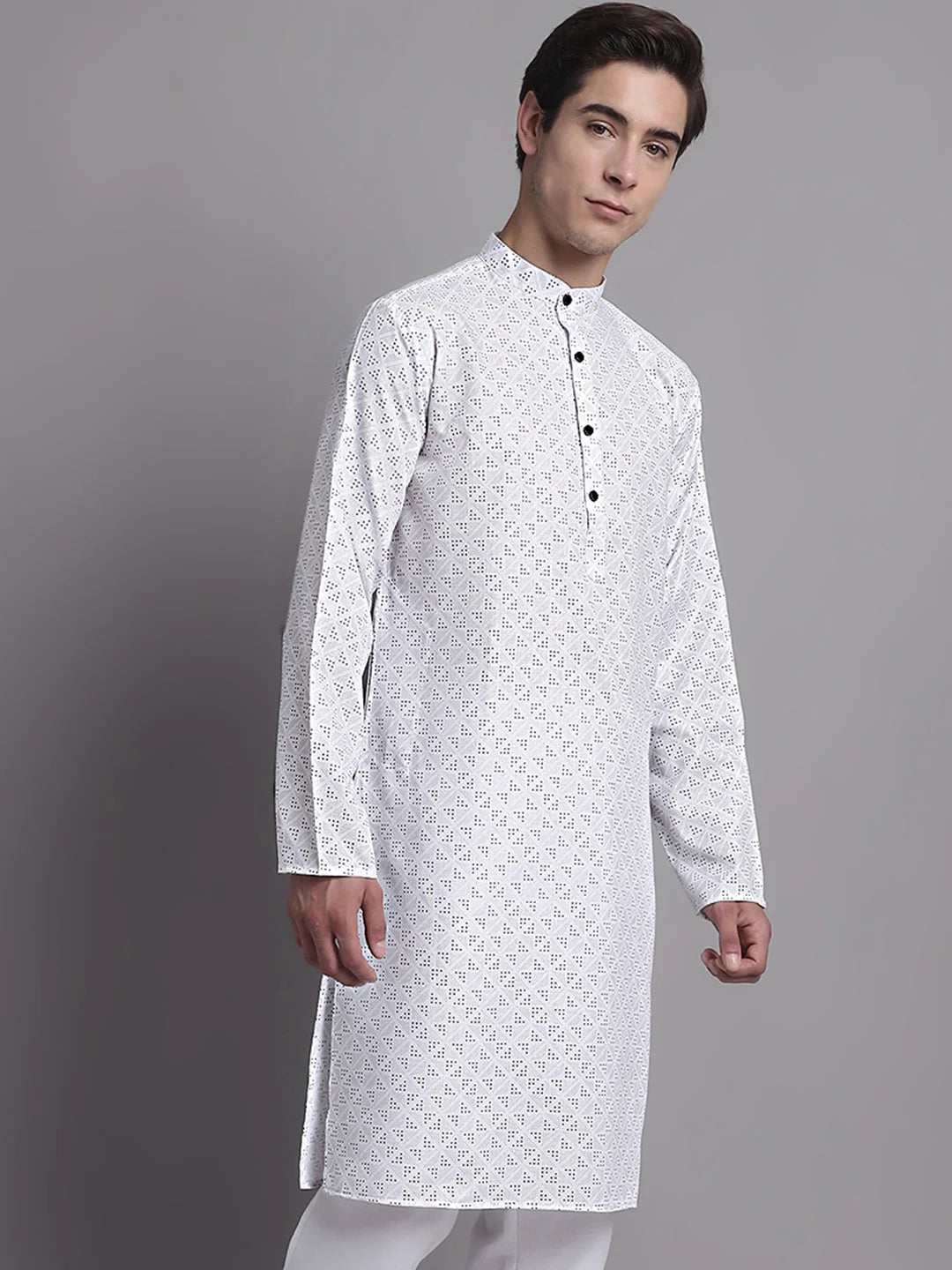 White Printed Mens Kurta - Pure Cotton Indian Kurta for Men