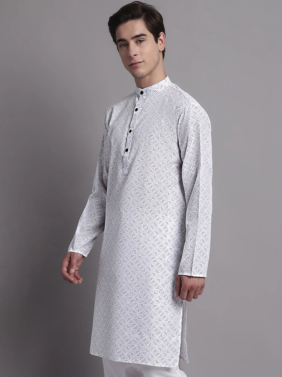 White Printed Mens Kurta - Pure Cotton Indian Kurta for Men