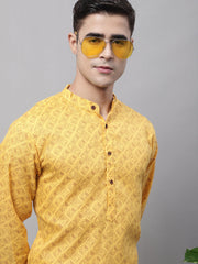 Men's Yellow Printed Pure Cotton Kurtas-KO-687