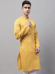 Men's Yellow Printed Pure Cotton Kurtas-KO-687