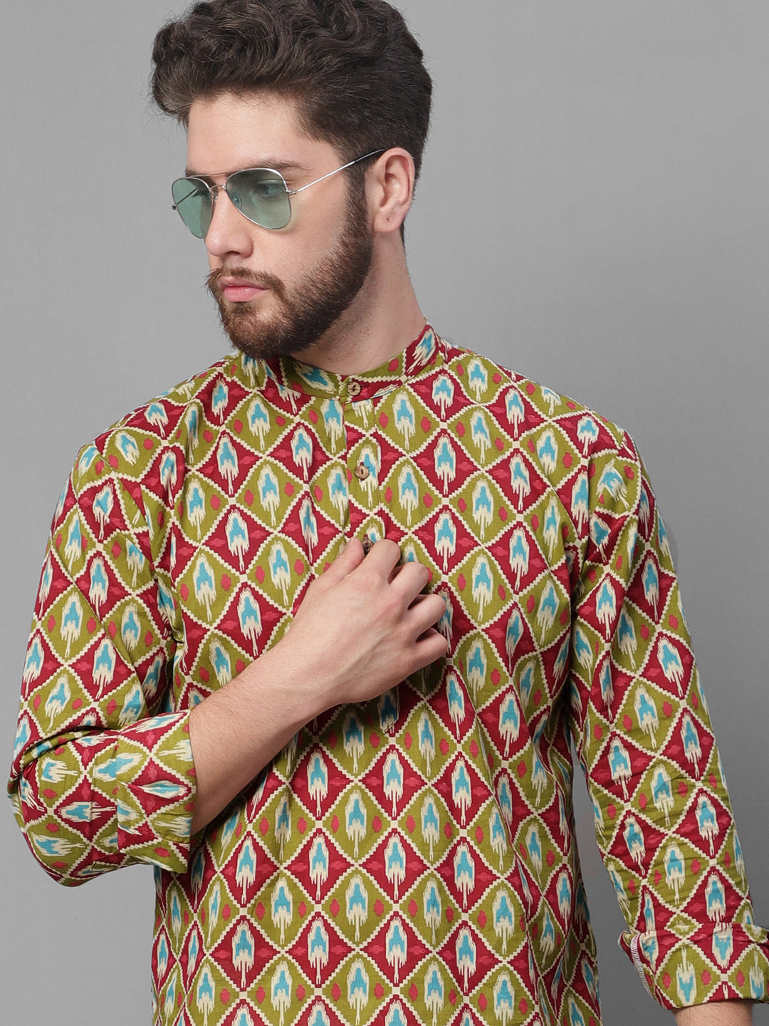 Men's Olive and Maroon Ikkat Printed Short Kurtas-KO-688