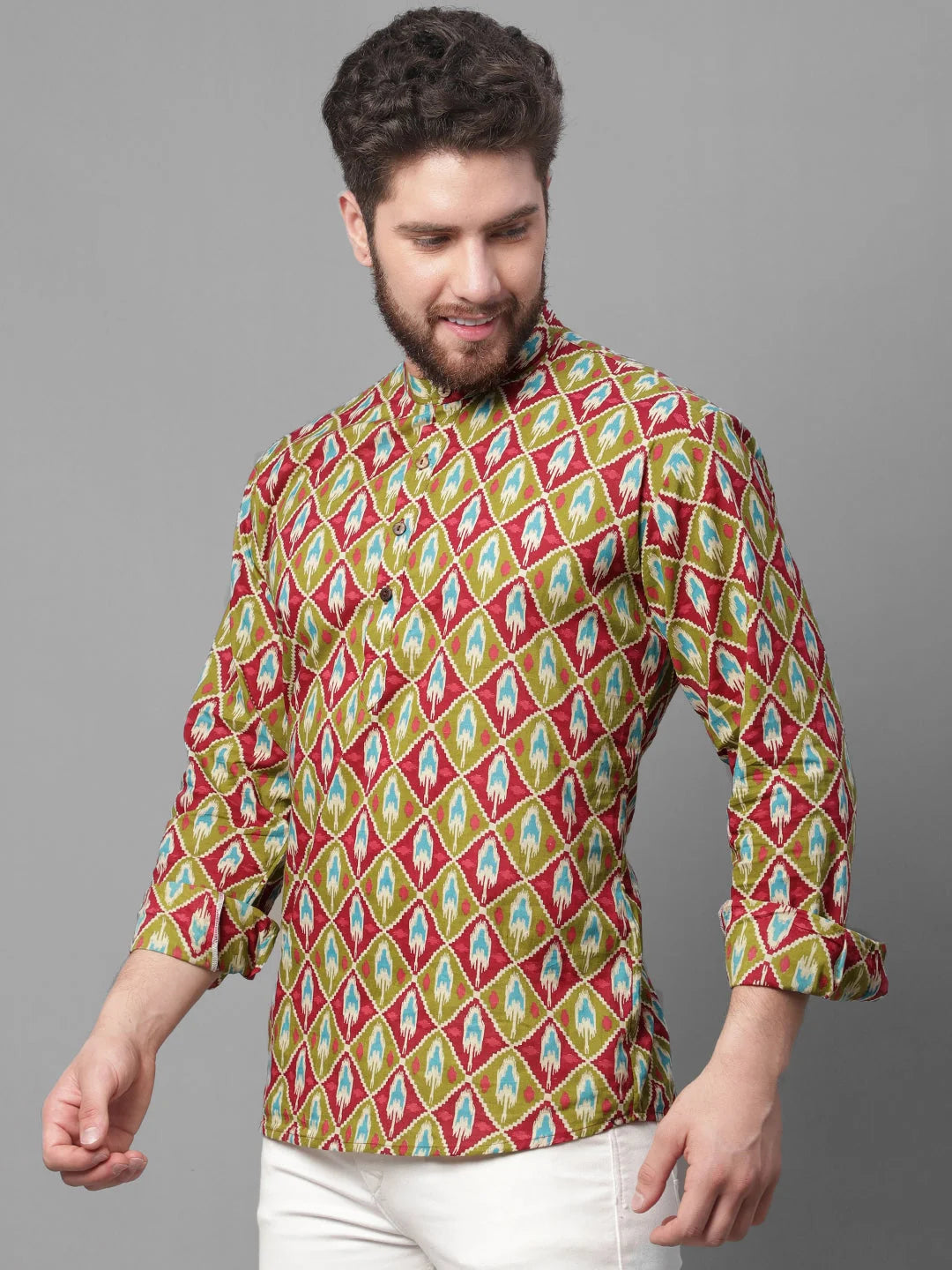 Olive & Maroon Ikkat Short Kurta - Mens Indian Kurta Shop