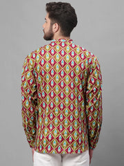 Men's Olive and Maroon Ikkat Printed Short Kurtas-KO-688