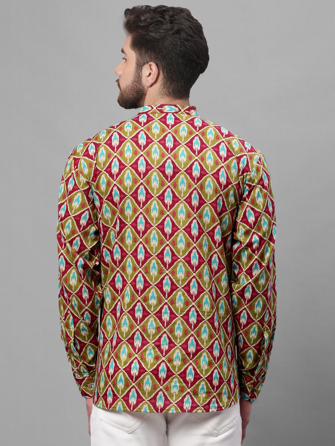 Olive & Maroon Ikkat Short Kurta - Mens Indian Kurta Shop