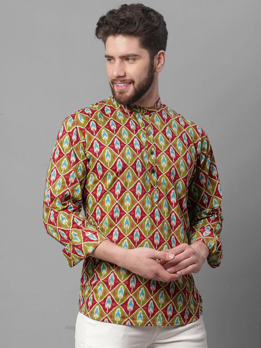 Olive & Maroon Ikkat Short Kurta - Mens Indian Kurta Shop