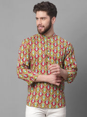 Men's Olive and Maroon Ikkat Printed Short Kurtas-KO-688