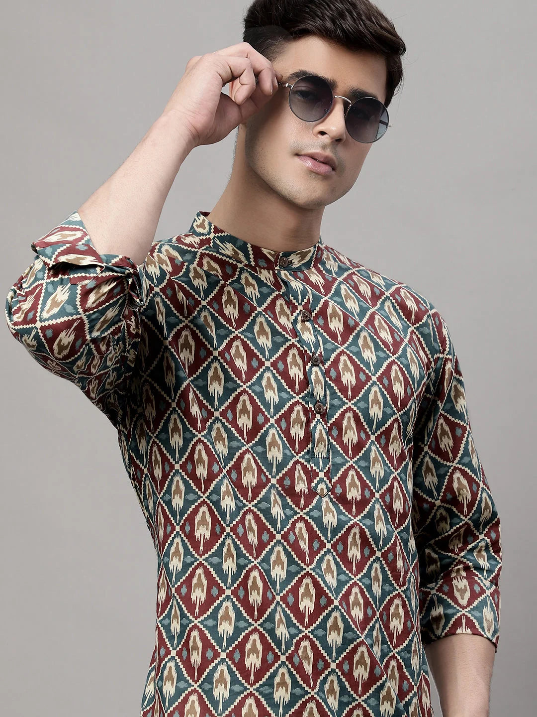 Blue & Maroon Ikkat Short Kurta - Mens Indian Kurta Style