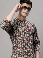 Men's Blue and Maroon Ikkat Printed Short Kurtas-KO-688