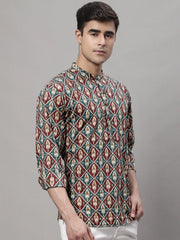 Men's Blue and Maroon Ikkat Printed Short Kurtas-KO-688