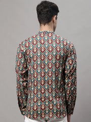Men's Blue and Maroon Ikkat Printed Short Kurtas-KO-688