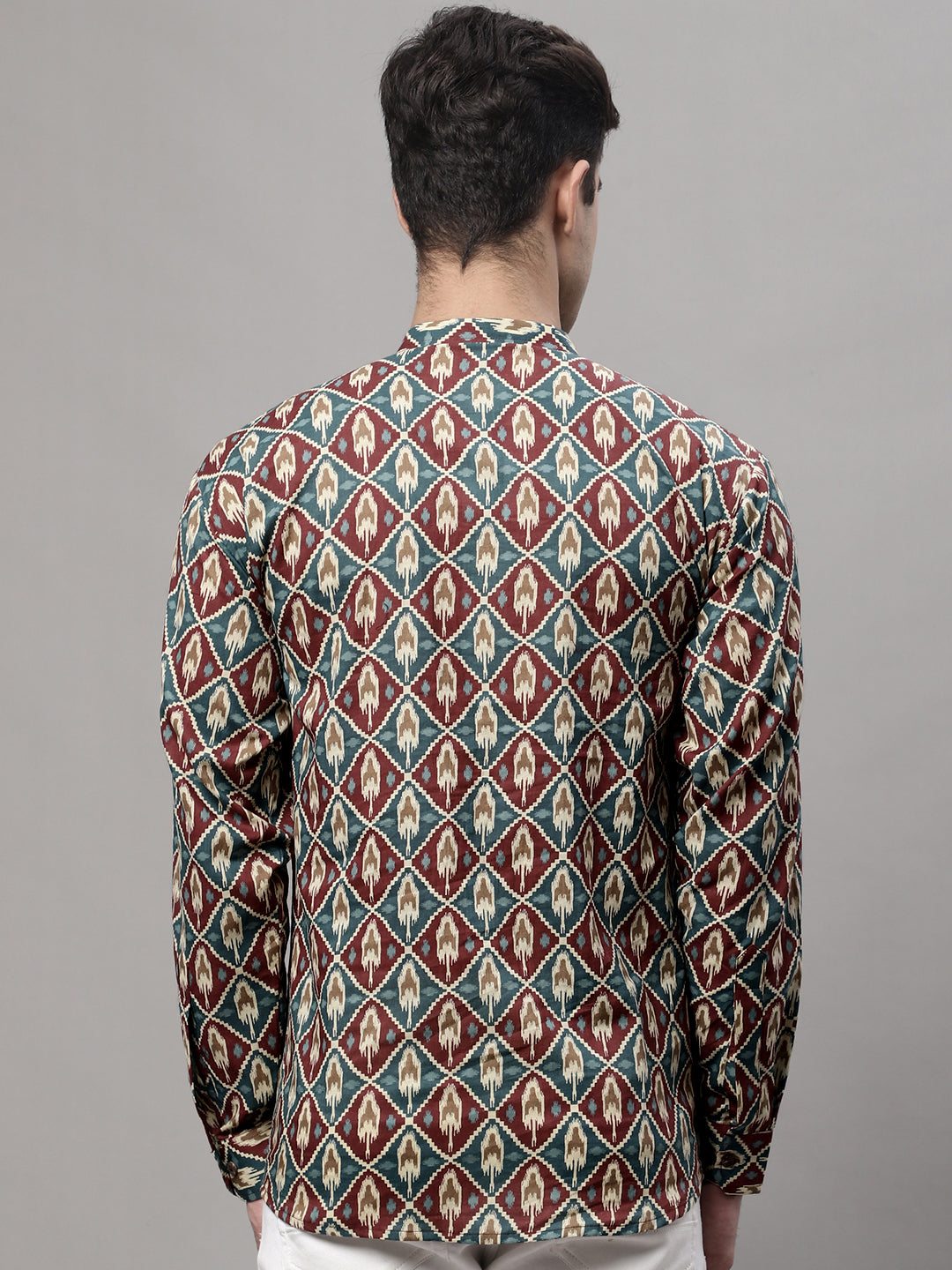 Blue & Maroon Ikkat Short Kurta - Mens Indian Kurta Style