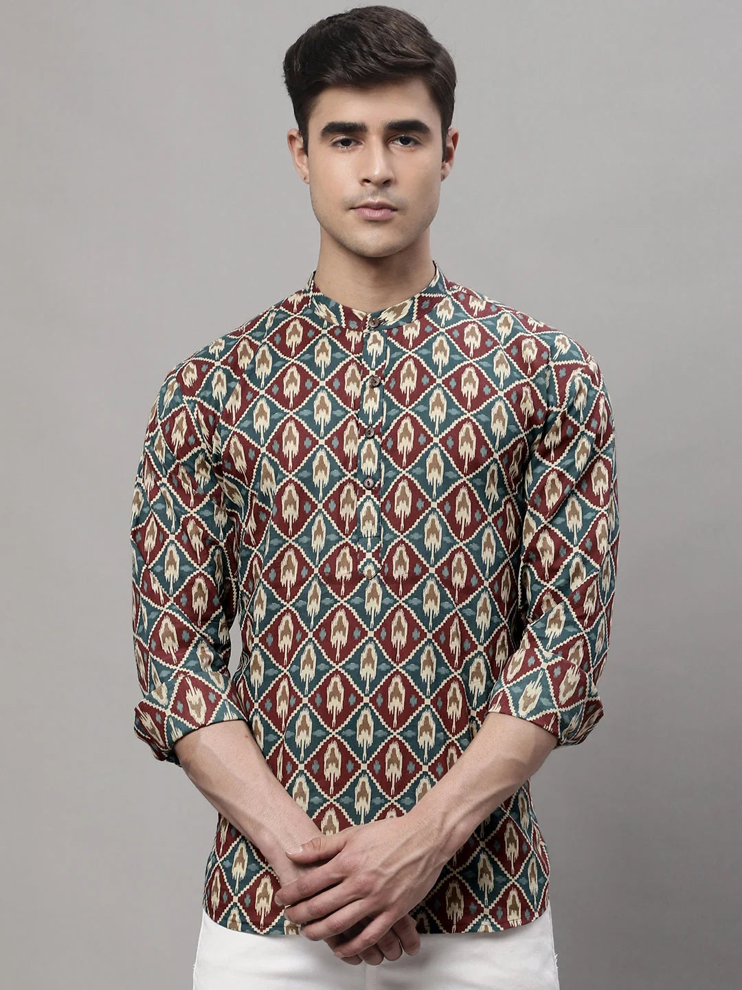Blue & Maroon Ikkat Short Kurta - Mens Indian Kurta Style