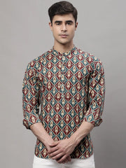 Men's Blue and Maroon Ikkat Printed Short Kurtas-KO-688