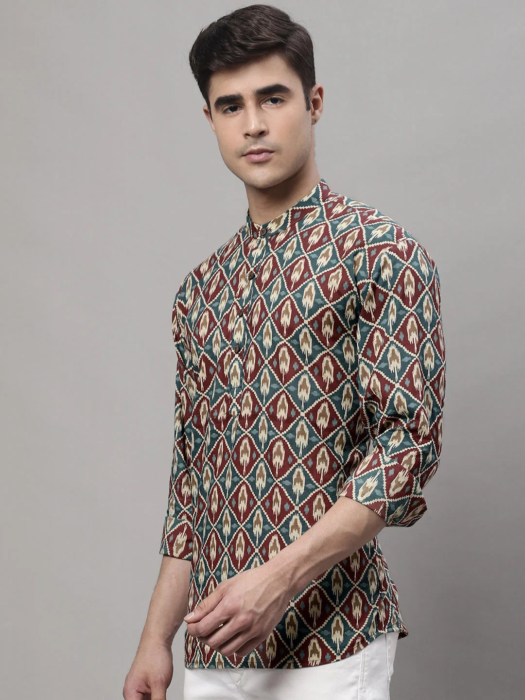 Blue & Maroon Ikkat Short Kurta - Mens Indian Kurta Style
