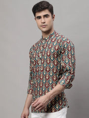 Men's Blue and Maroon Ikkat Printed Short Kurtas-KO-688