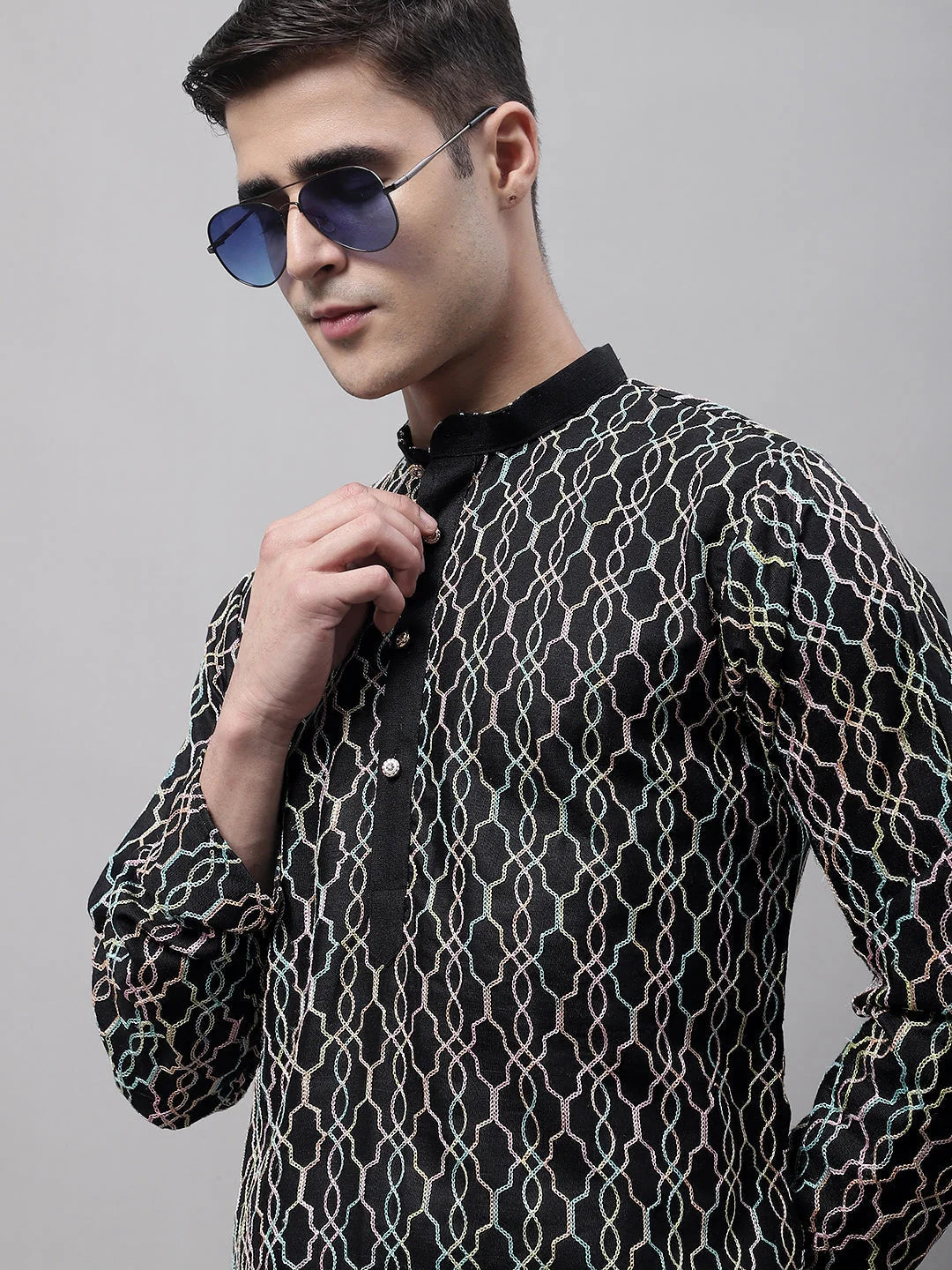 Black Embroidered Mens Kurta - Cotton Indian Kurta for Men
