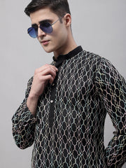 Men's Black and Multi Coloured Embroidered Straight Kurtas-KO-689