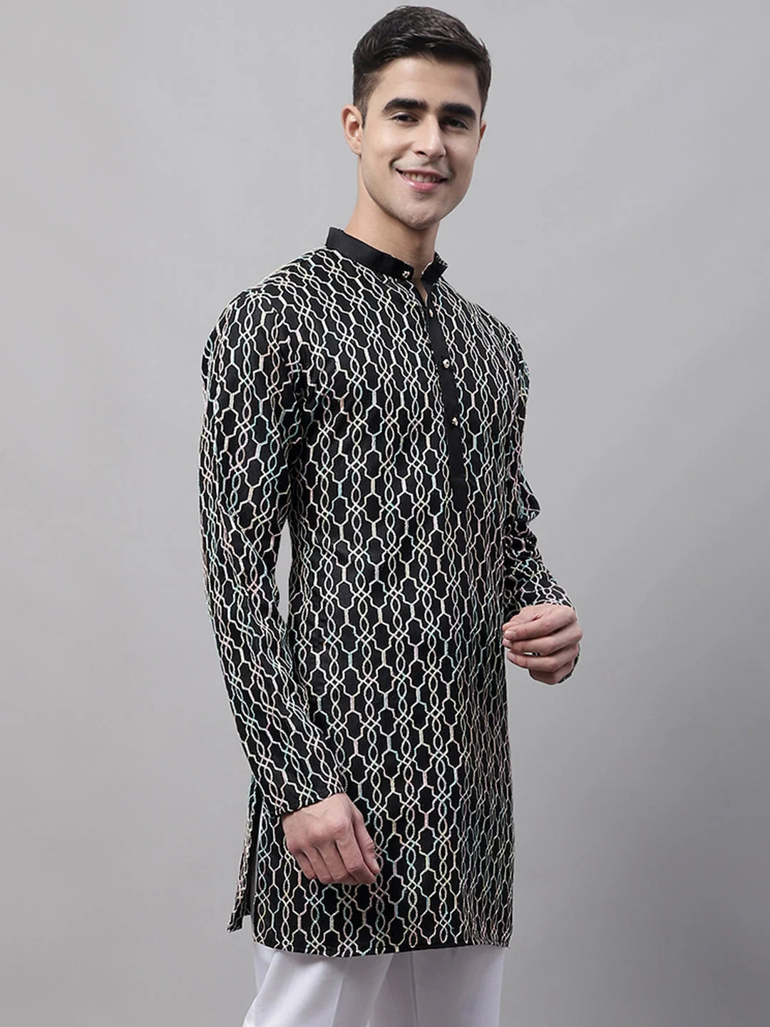 Black Embroidered Mens Kurta - Cotton Indian Kurta for Men
