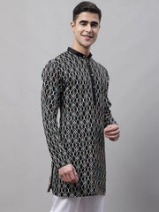 Men's Black and Multi Coloured Embroidered Straight Kurtas-KO-689