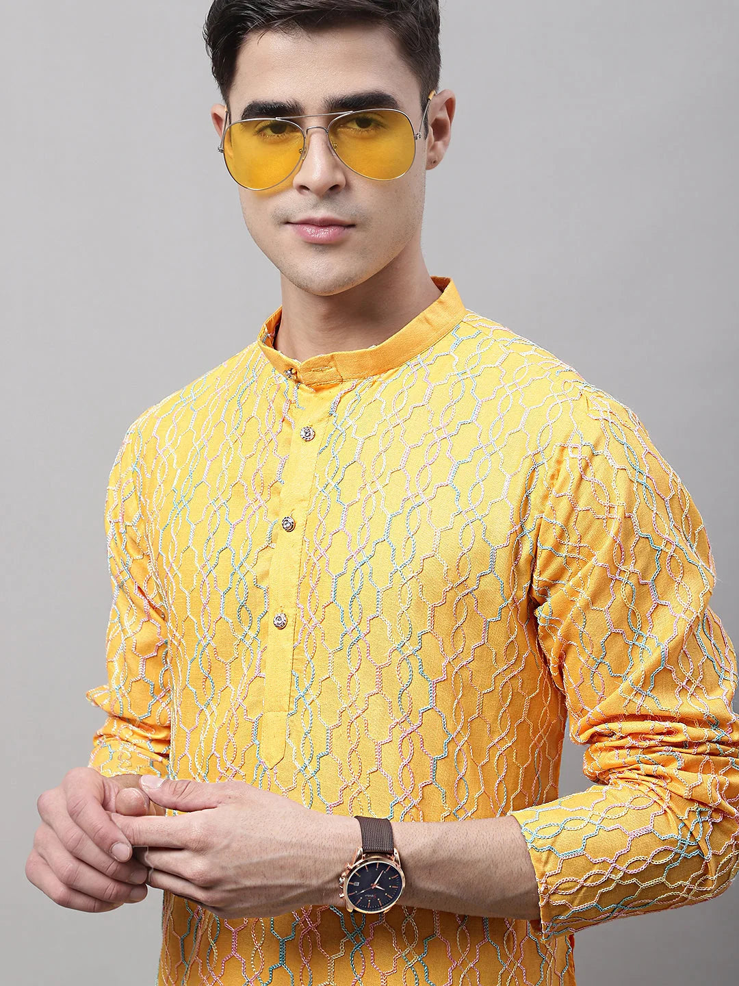 Men's Mustard and Multi Coloured Embroidered Straight Kurtas-KO-689