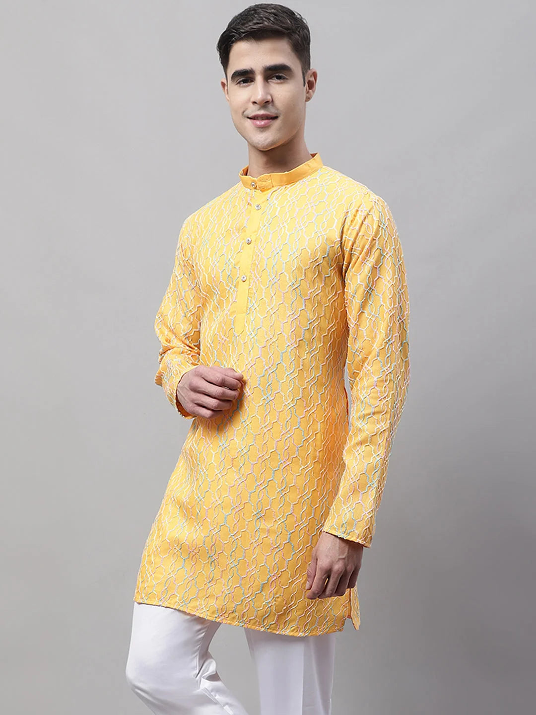 Mustard Embroidered Mens Kurta - Cotton Indian Kurta for Men