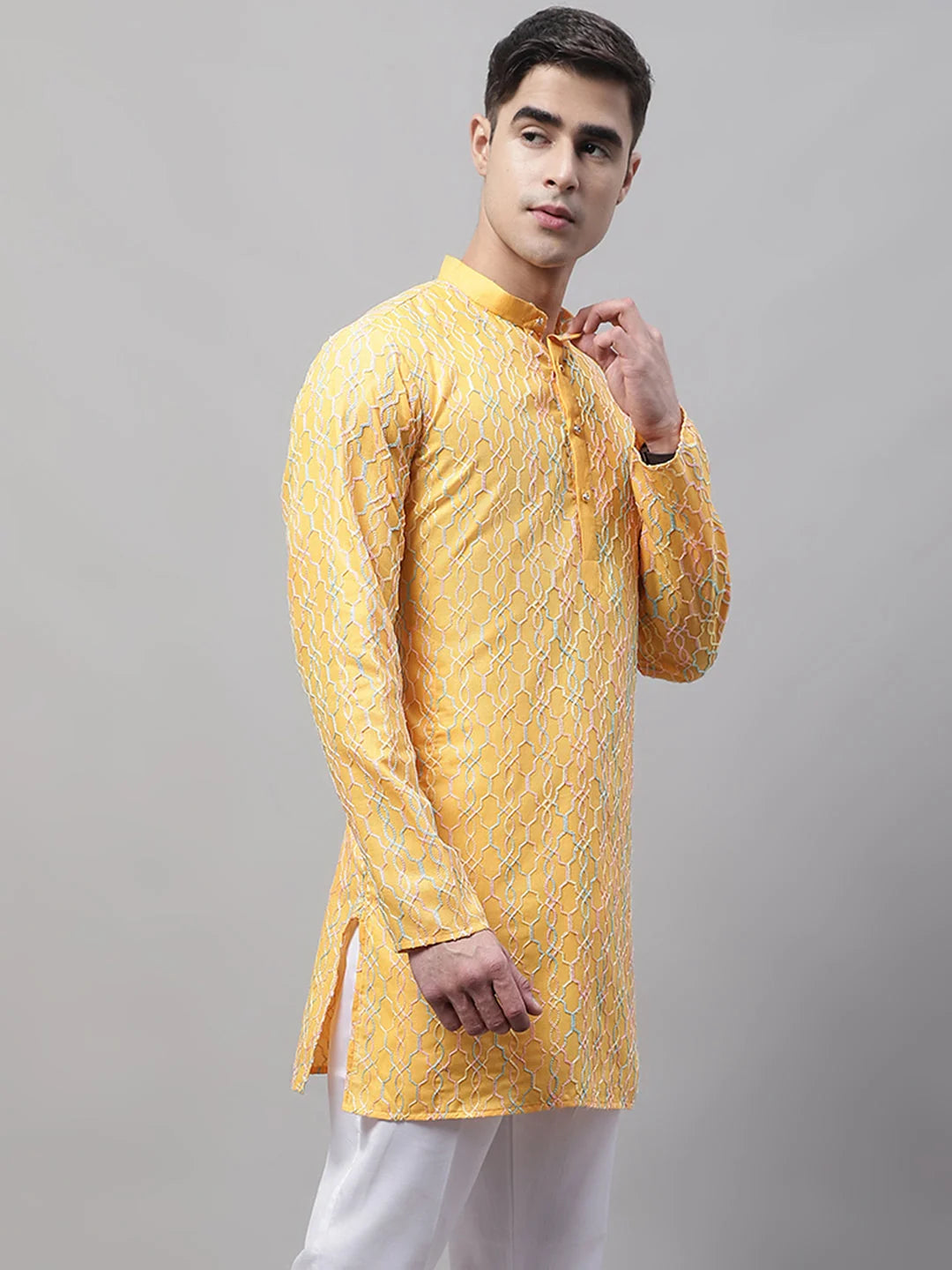 Mustard Embroidered Mens Kurta - Cotton Indian Kurta for Men