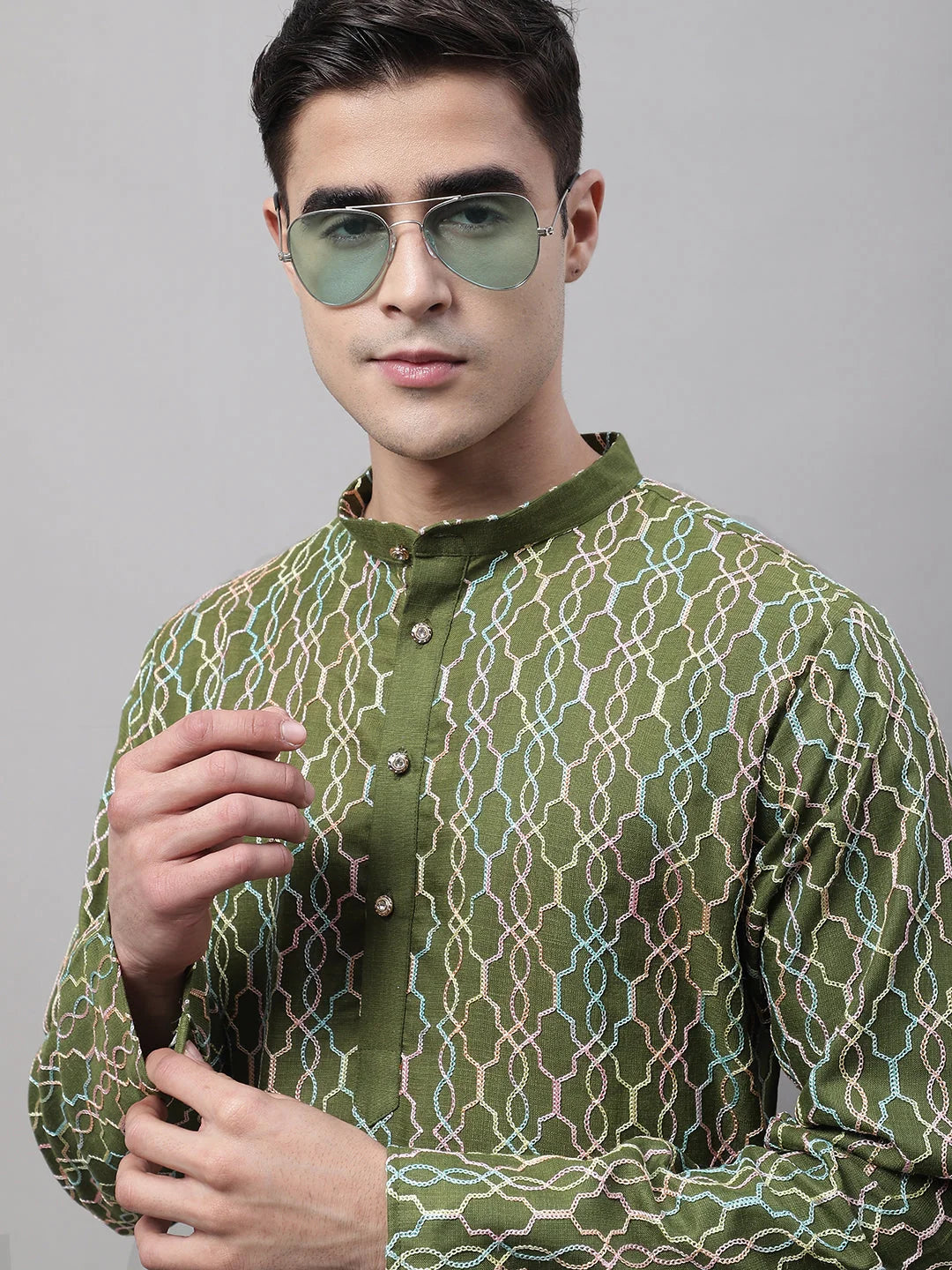 Men's Olive Green and Multi Coloured Embroidered Straight Kurtas-KO-689