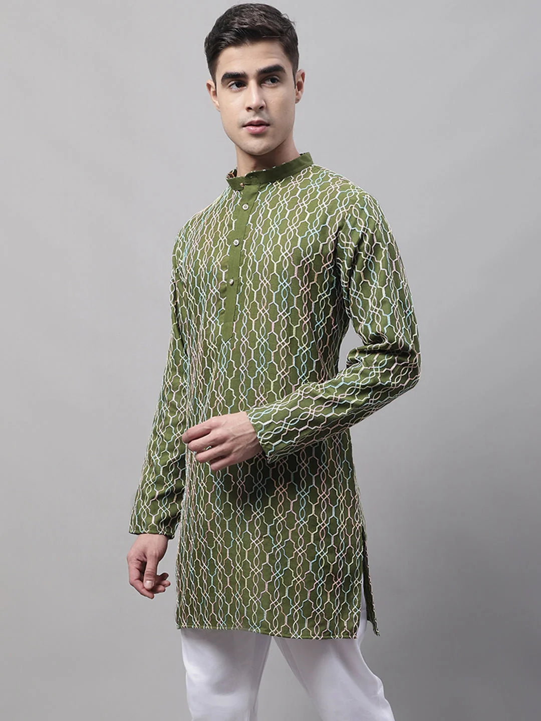 Olive Green Embroidered Mens Kurta - Indian Kurta for Men