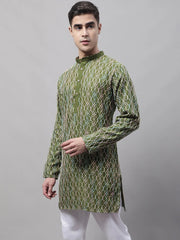 Men's Olive Green and Multi Coloured Embroidered Straight Kurtas-KO-689