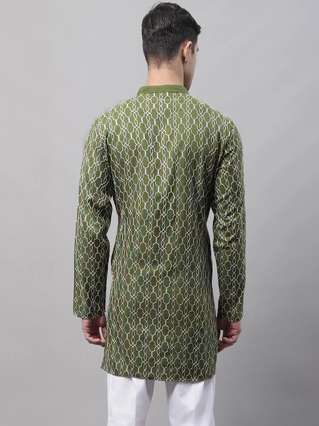 Olive Green Embroidered Mens Kurta - Indian Kurta for Men