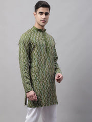 Men's Olive Green and Multi Coloured Embroidered Straight Kurtas-KO-689
