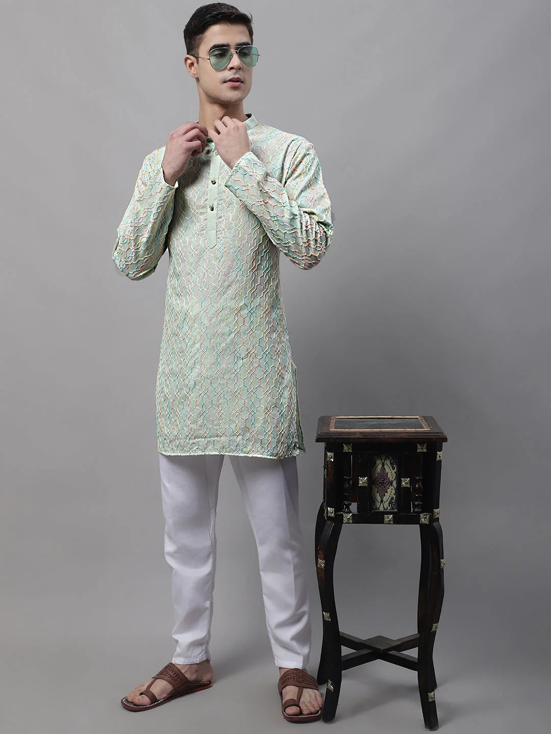Pista Green Embroidered Mens Kurta - Indian Kurta for Men