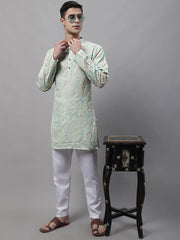Men's Pista Green and Multi Coloured Embroidered Straight Kurtas-KO-689