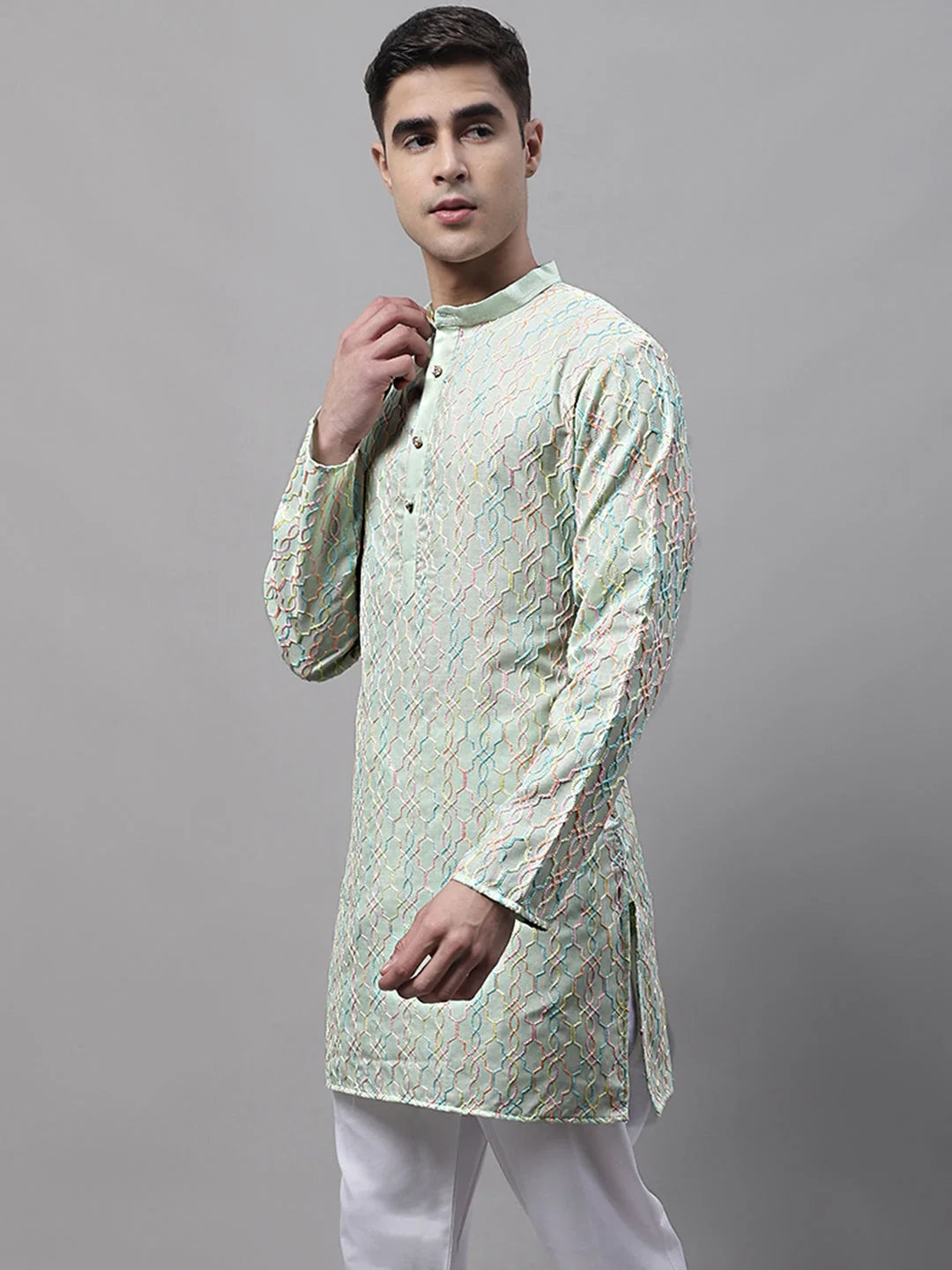 Pista Green Embroidered Mens Kurta - Indian Kurta for Men