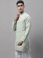 Men's Pista Green and Multi Coloured Embroidered Straight Kurtas-KO-689