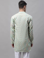Men's Pista Green and Multi Coloured Embroidered Straight Kurtas-KO-689