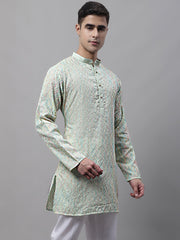 Men's Pista Green and Multi Coloured Embroidered Straight Kurtas-KO-689