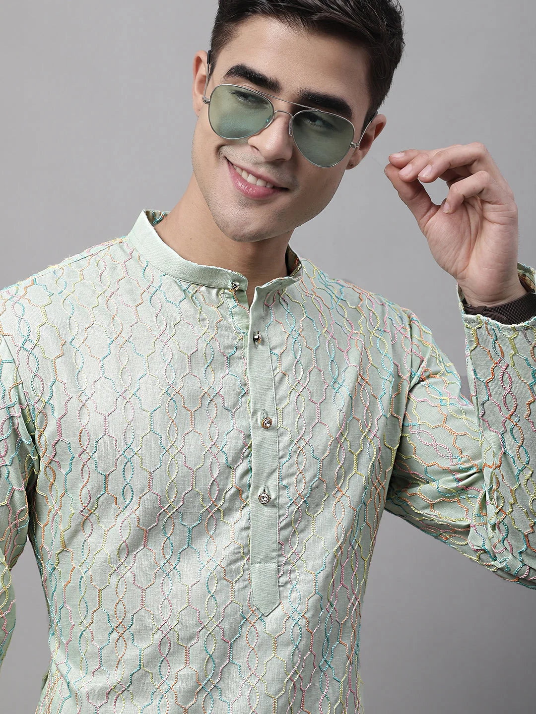 Men's Pista Green and Multi Coloured Embroidered Straight Kurtas-KO-689